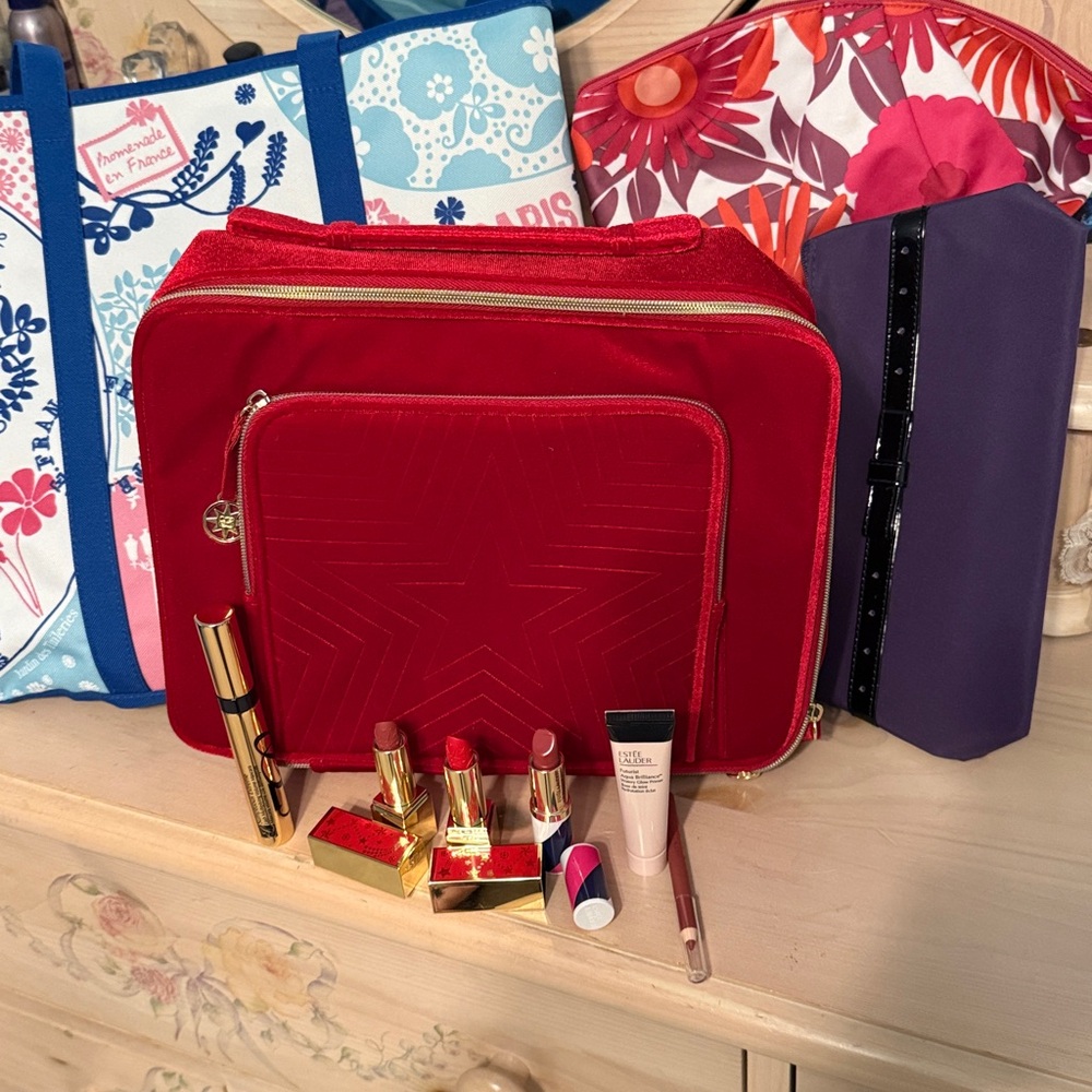 Estee Lauder Red Velvet Makeup Bag with Lipstick Set